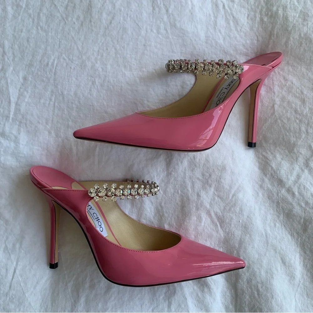 Jimmy Choo Bing 100 Shiny Patent Leather Crystal Stiletto Heels Bubble Pink - Picture 7 of 16